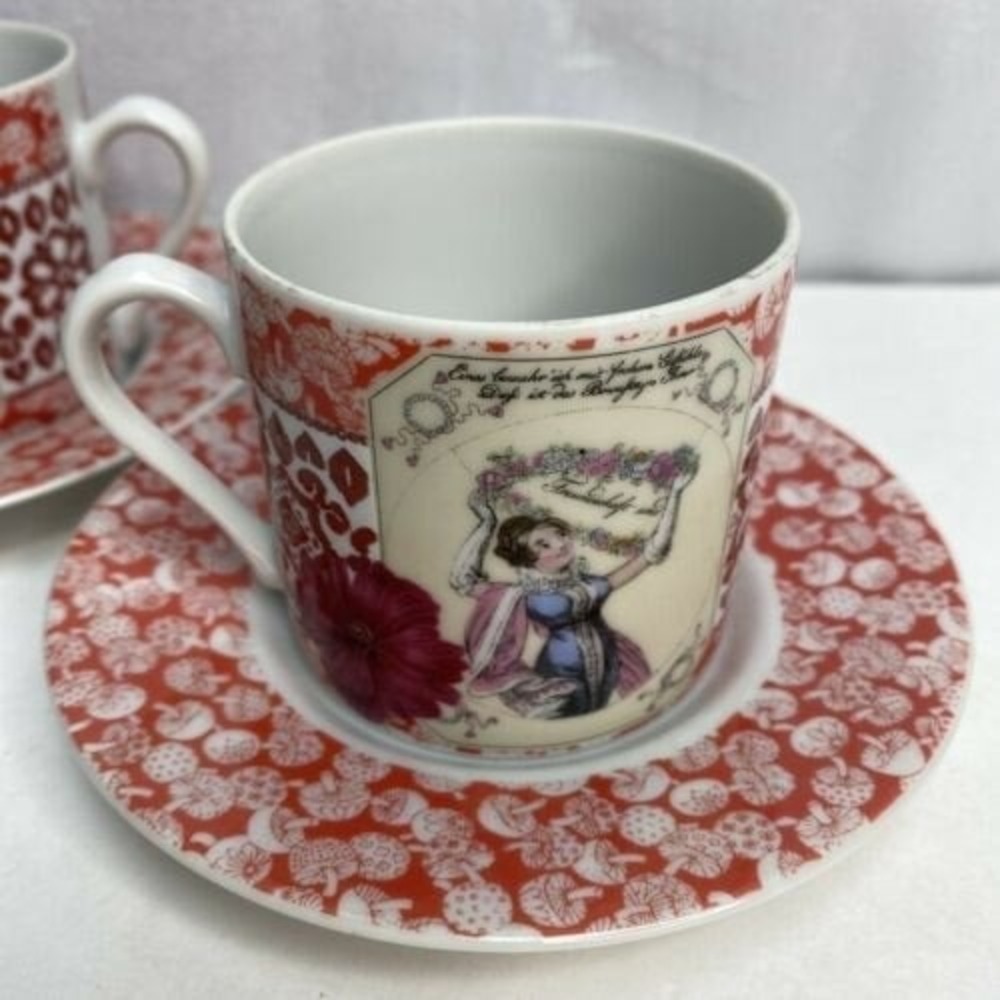 Vintage Gloria Vanderbilt 2 Piece Set Demi Teacups & Saucers Mushrooms Reds - Picture 6 of 10